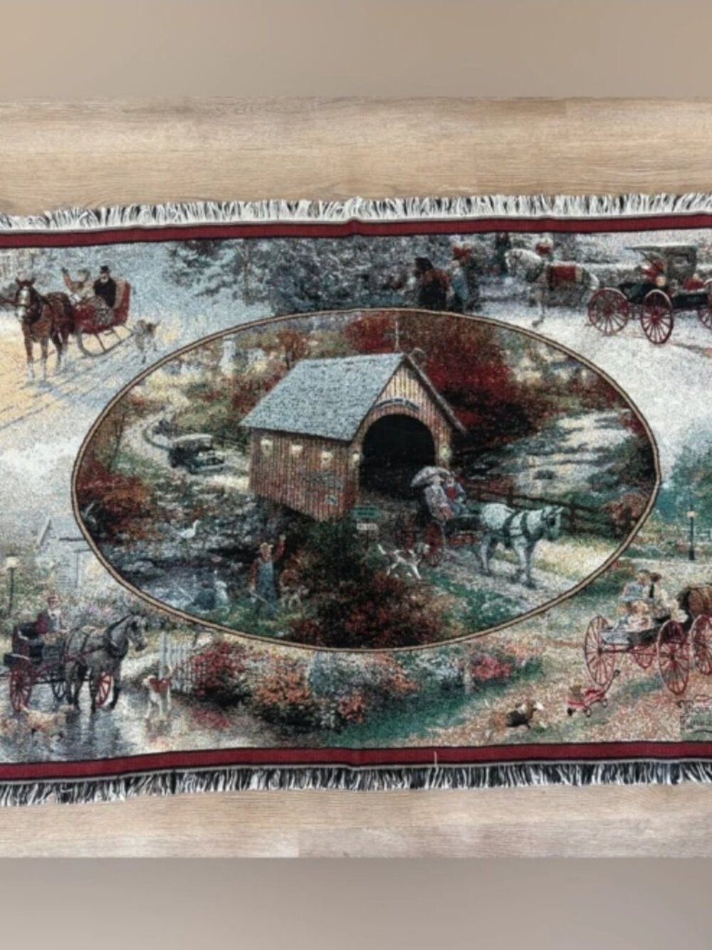 VTG Thomas Kinkade Tapestry Throw Blanket Winter Covered Bridge